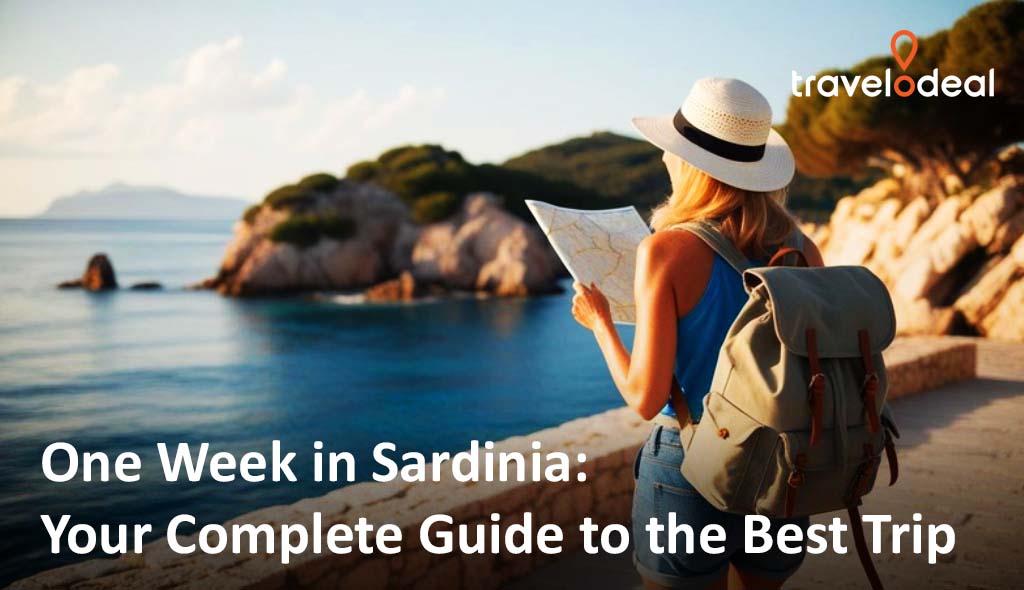 A woman in a sunhat studies a map by a scenic coastal view in Sardinia, symbolizing travel and exploration.