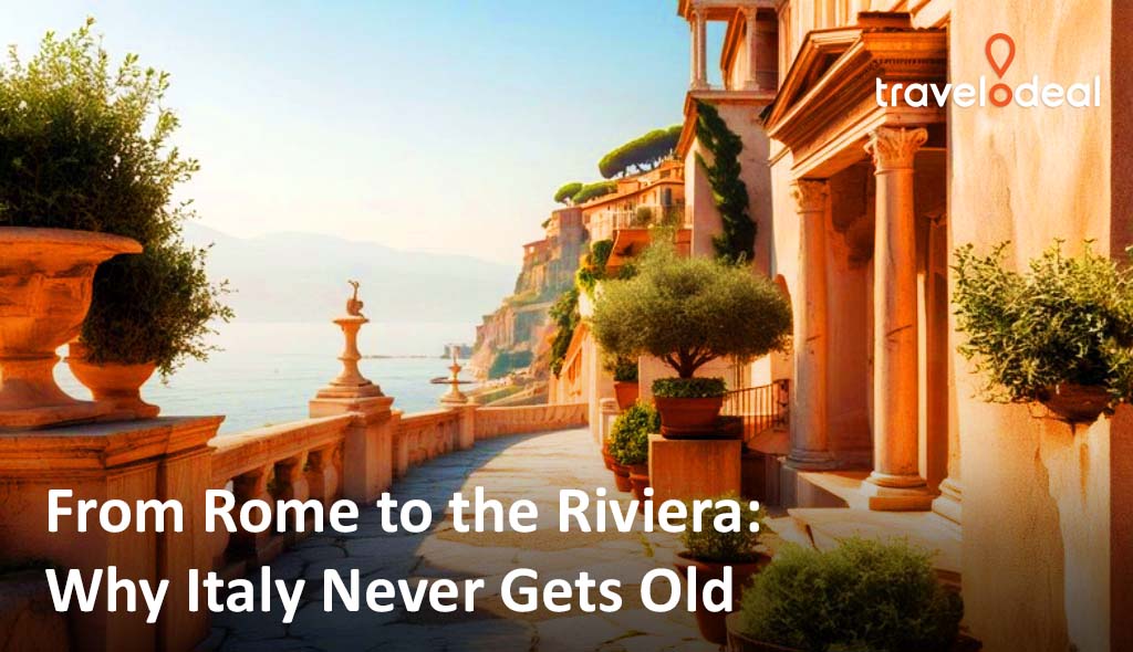 A scenic view of a sunlit Italian promenade lined with potted plants, leading towards the tranquil Riviera coast.