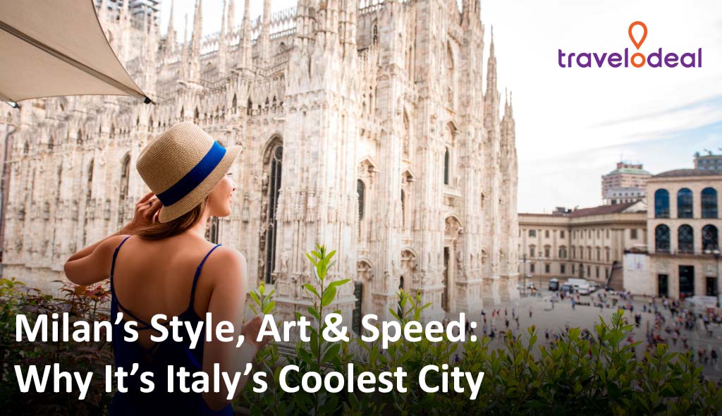 A woman, wearing a straw hat, gazes at the stunning Milan Cathedral, surrounded by vibrant city life and lush greenery.
