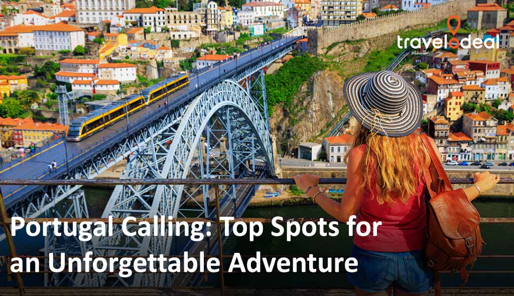 A woman with long hair and a sunhat looks out over the Dom Luís I Bridge in Porto, Portugal, with colorful buildings and a yellow tram crossing the iconic double-deck iron bridge.