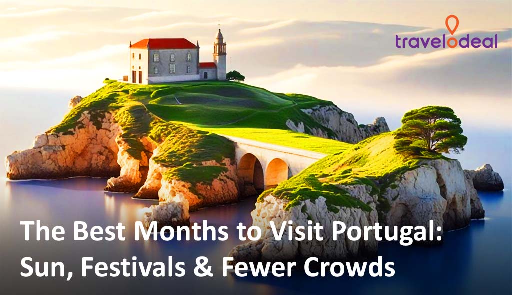 A picturesque island in Portugal with a small church, red-roofed buildings, and a stone bridge connecting lush green cliffs surrounded by calm blue waters under a pastel sky.