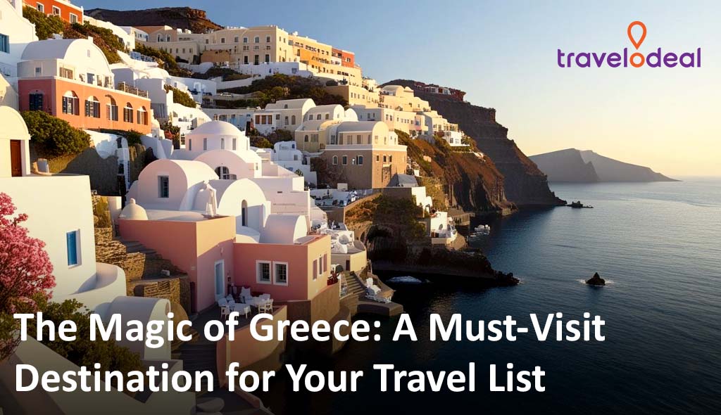 Scenic view of whitewashed buildings and colorful houses on the cliffs of Santorini, Greece at sunset, overlooking the calm Aegean Sea, with Travelodeal logo in the corner.
