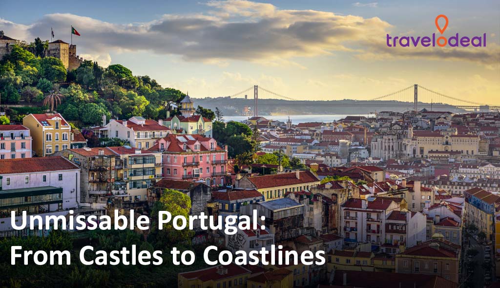 Scenic view of Lisbon with colorful buildings, a hilltop castle, and a suspension bridge at sunset, showcasing Portugal’s charm for Travelodeal.