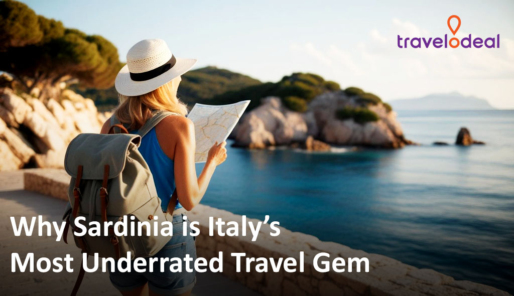 Woman in a hat with a backpack reading a map along Sardinia’s scenic coastline, surrounded by rocky shores, turquoise water, and distant mountains under a clear sky.