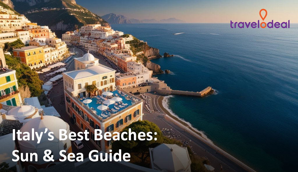 Scenic view of colorful coastal buildings by serene blue waters, promoting Italy's best beaches for sun and relaxation.