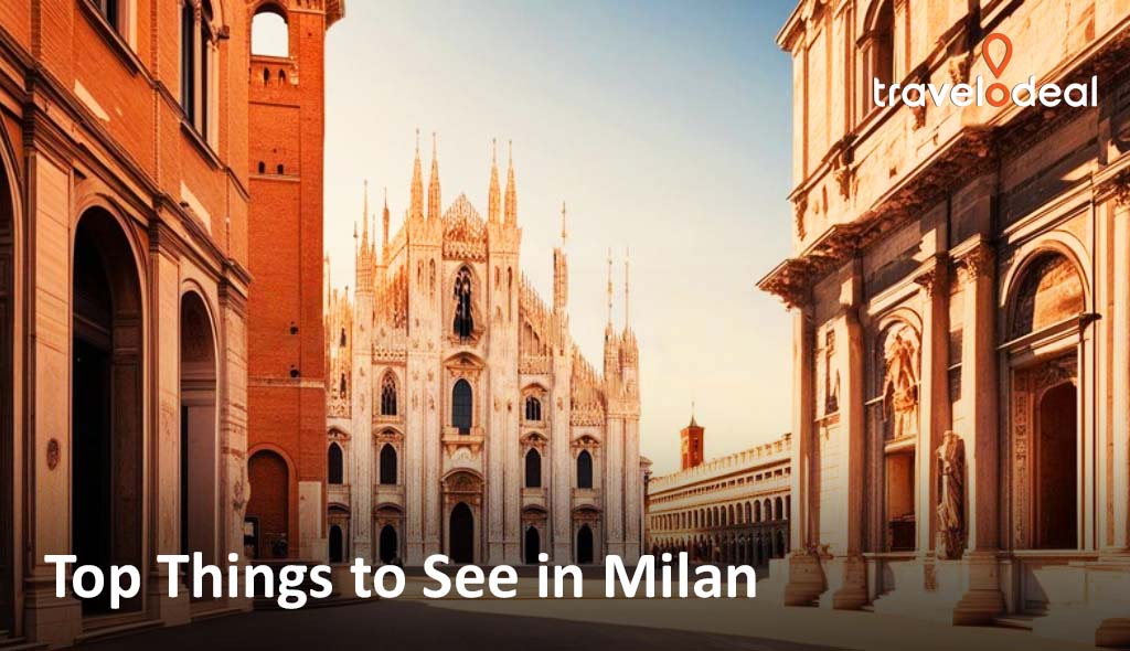 A stunning view of Milan's Duomo cathedral, framed by historical buildings, showcasing the city's rich architectural heritage.