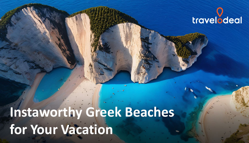 Aerial view of stunning Greek beaches with turquoise waters and rocky cliffs, ideal for vacation and Instagram-worthy moments.