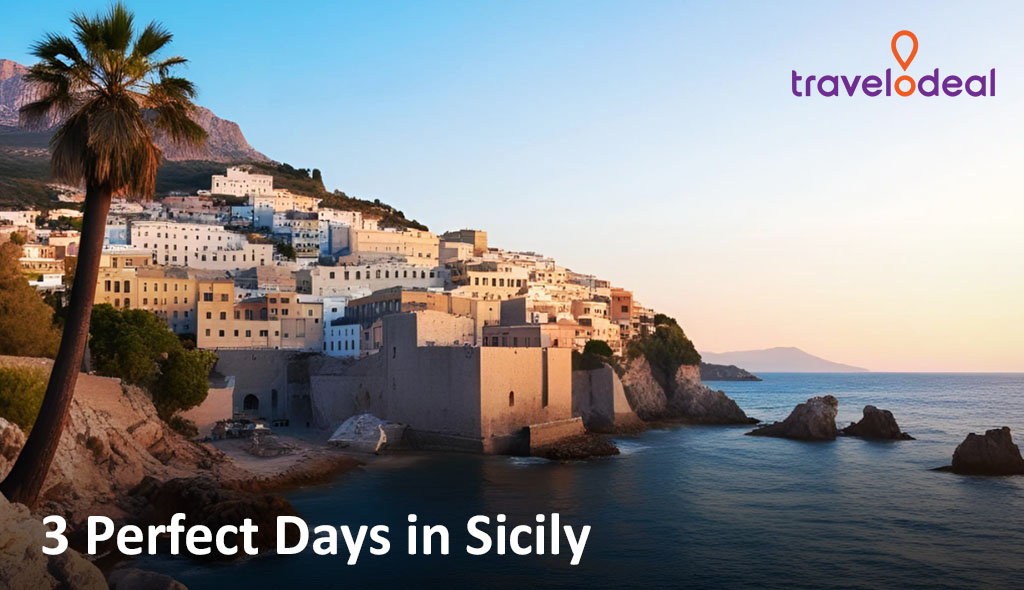 A picturesque Sicilian coastal town at sunset, with white buildings nestled on a hill and palm trees framing the serene waterfront.