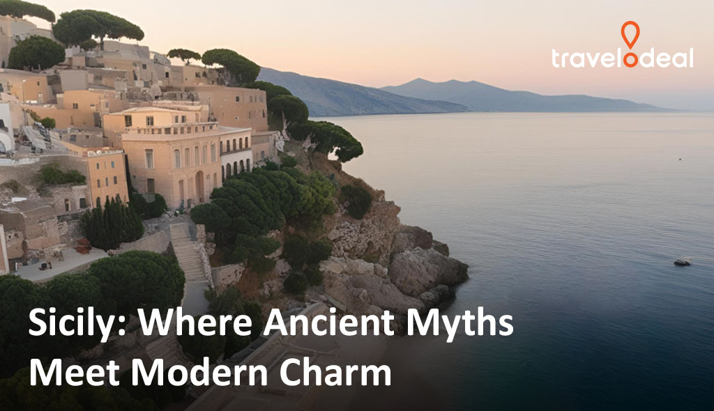 A scenic view of Sicily's coastline at dusk, showcasing ancient architecture blending with modern charm beside tranquil waters.
