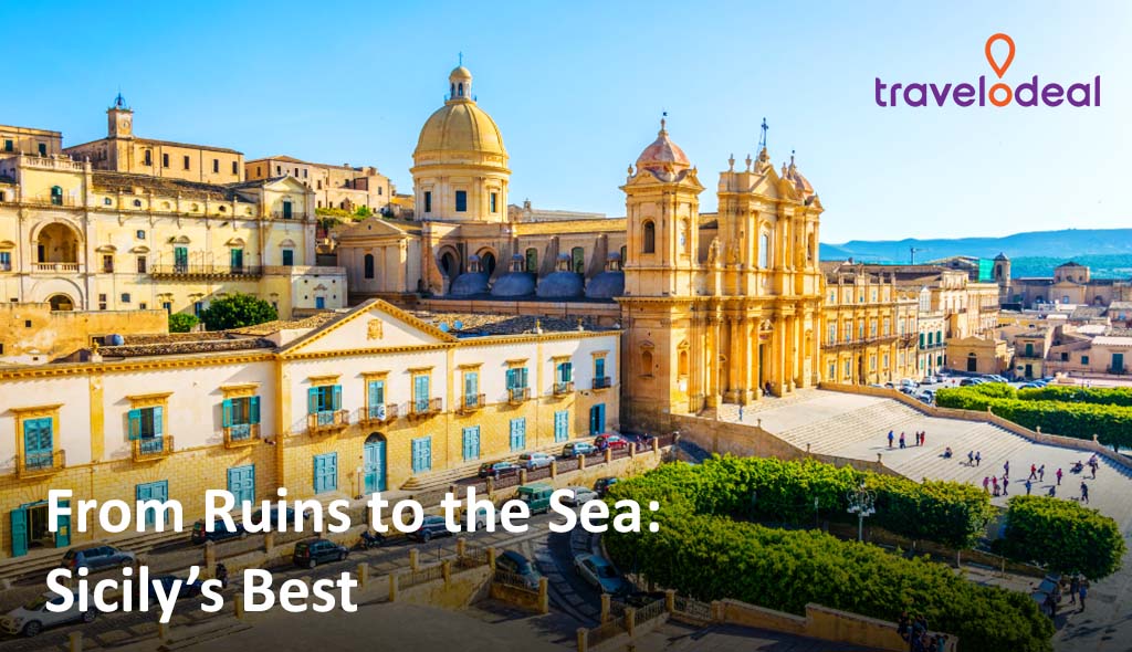 A vibrant Sicilian town square featuring baroque architecture, lush greenery, and distant sea views under a clear blue sky.