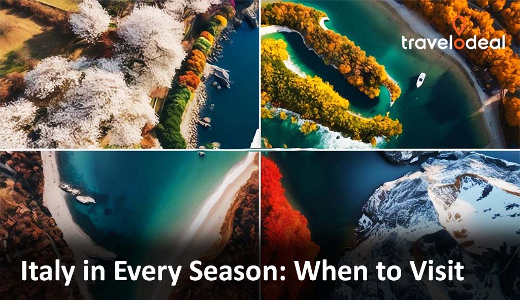 Aerial view showcasing Italy's landscapes in different seasons: vibrant flora, coastlines, and serene lakes, emphasizing seasonal beauty.