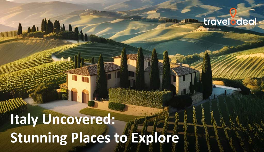 A picturesque Italian villa surrounded by lush vineyards and rolling hills under a clear sky. Text overlay promotes stunning locations to explore in Italy.