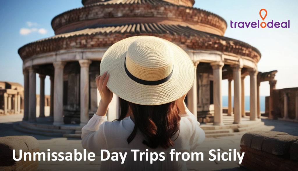 A woman in a straw hat gazes at ancient ruins, promoting unforgettable day trips from Sicily.