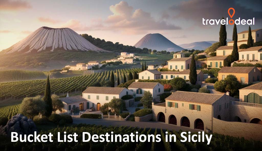 Scenic Sicilian landscape featuring vineyards and charming houses under a dramatic volcanic backdrop during sunset.