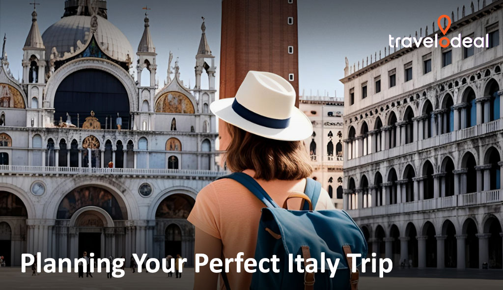 A traveler in a hat gazes at stunning historic architecture in Italy, with the text “Planning Your Perfect Italy Trip” overlaying the image.