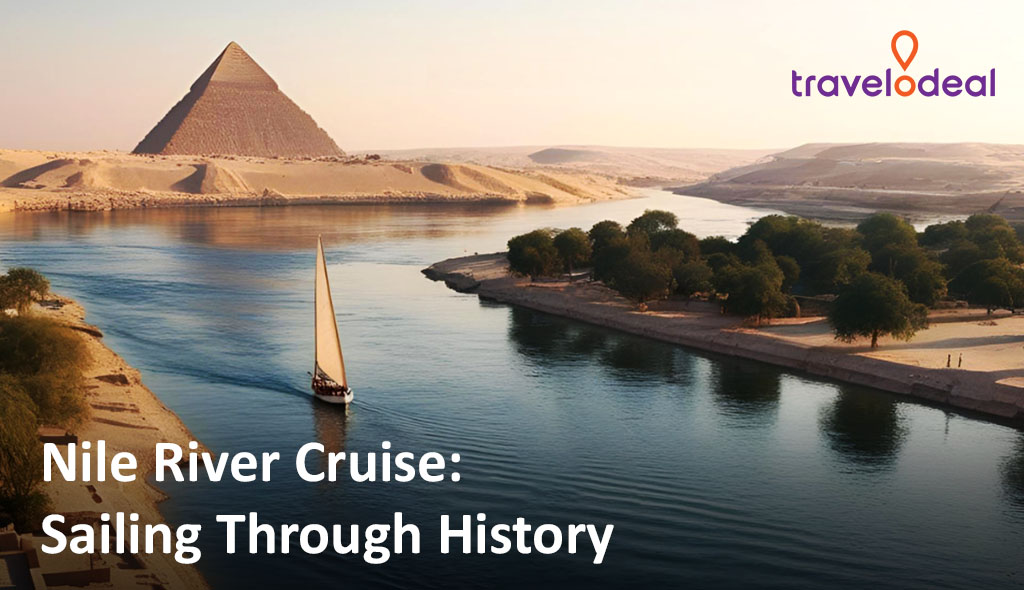 A serene Nile River scene with a sailboat in the foreground and the Great Pyramid of Giza in the background during sunset.