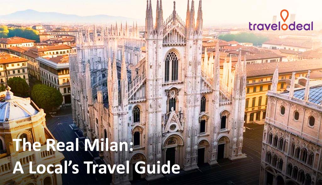 Aerial view of Milan's stunning Gothic cathedral, surrounded by historic architecture and vibrant rooftops, promoting a travel guide.