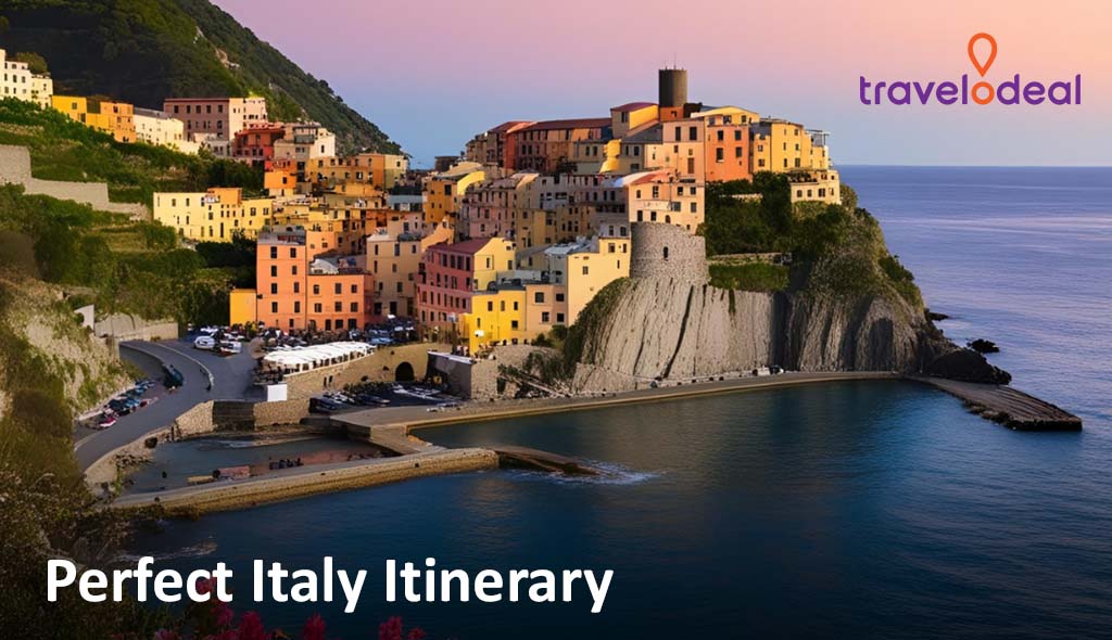 Colorful coastal village perched on cliffs overlooking the sea, with a tranquil harbor and lush green hills in the background.