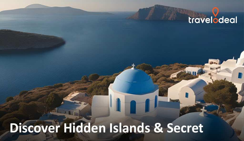 Scenic view of white buildings with blue domes overlooking a tranquil sea and distant islands, promoting travel to hidden destinations.