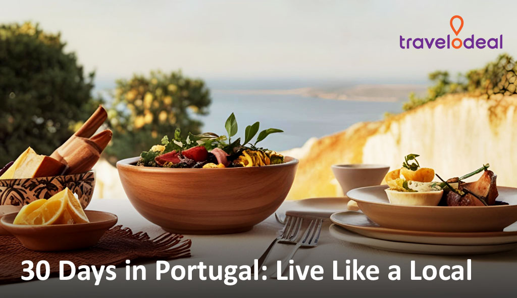 A picturesque dining setup featuring vibrant dishes and fresh ingredients with a scenic background, promoting local cuisine in Portugal.