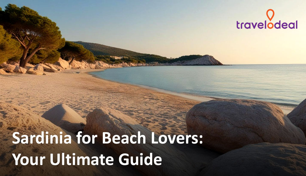 Serene coastal view of Sardinia's beach at sunset, showcasing soft sands, gentle waves, and lush greenery in the background.