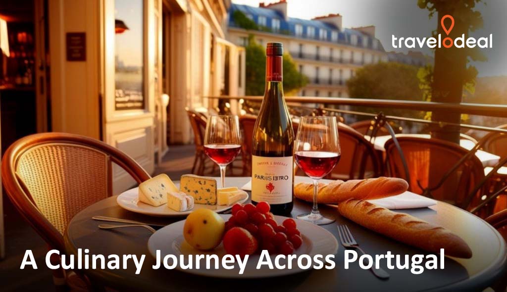 A colorful array of traditional Portuguese cuisine, highlighting Travelodeal's culinary journey across Portugal.