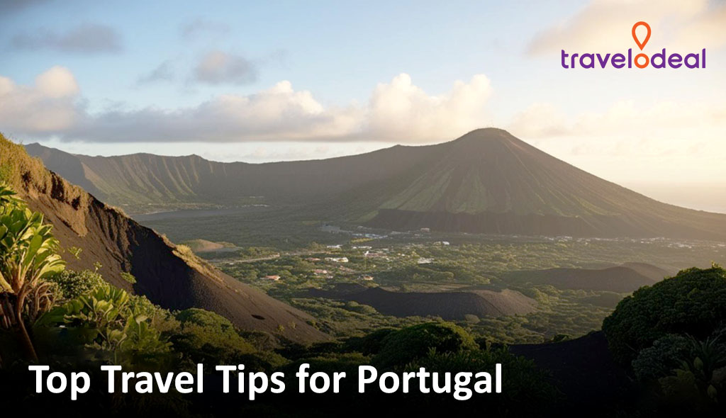 Scenic view of a lush landscape with a volcanic mountain in Portugal, featuring travel tips text overlay.