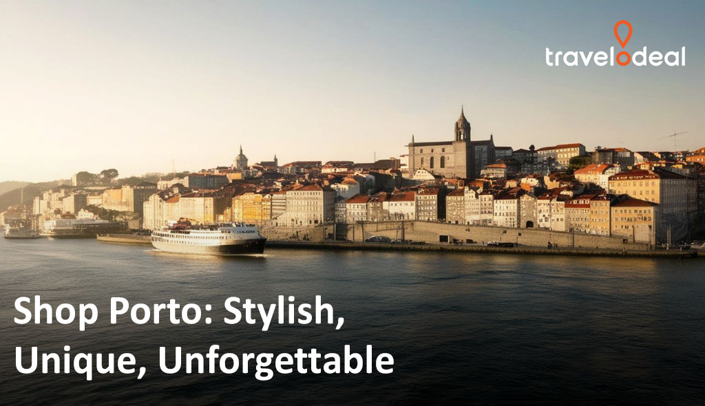 A scenic view of Porto's riverside, showcasing colorful buildings and a serene boat on the water, evoking a stylish and unique ambience.