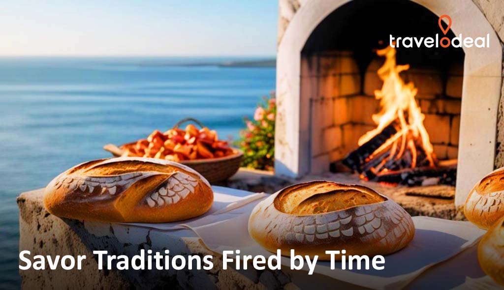 Freshly baked loaves of bread on a table near a stone oven, set against a serene ocean backdrop and warm, flickering flames.
