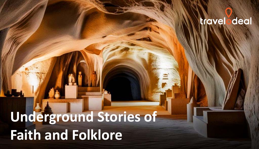 A softly lit underground cavern showcasing sculptures, with the text "Underground Stories of Faith and Folklore" prominently displayed.