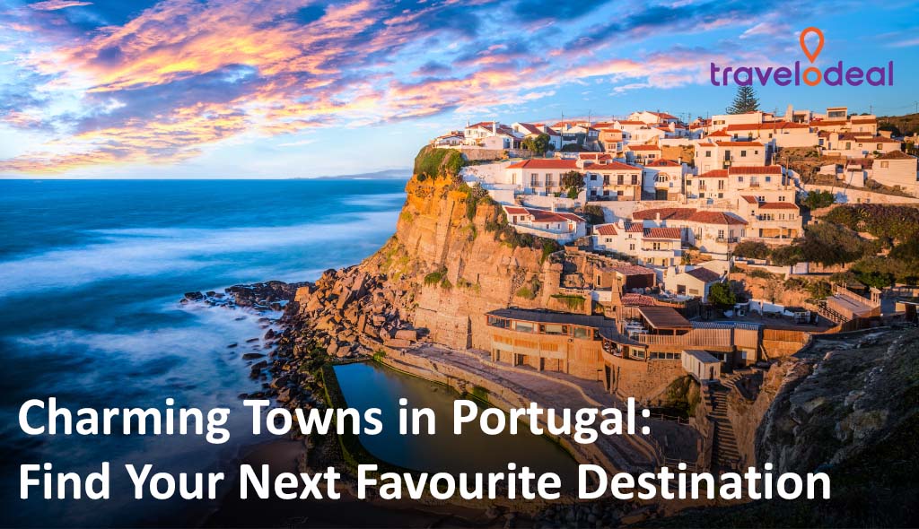 Sunset view of a picturesque Portuguese coastal town, featuring white-washed buildings on cliffs overlooking the ocean.