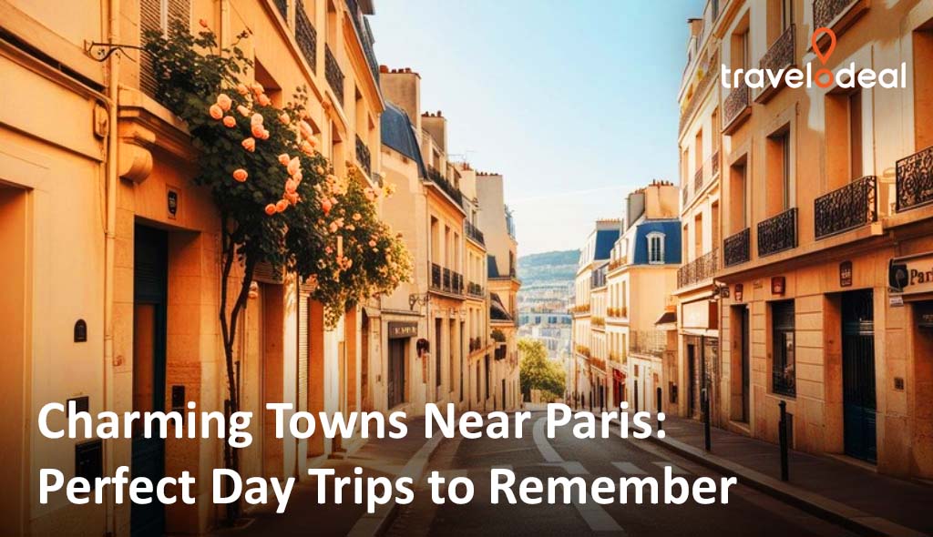 A picturesque street in a charming town near Paris, adorned with pastel buildings and blooming flowers, perfect for day trips.