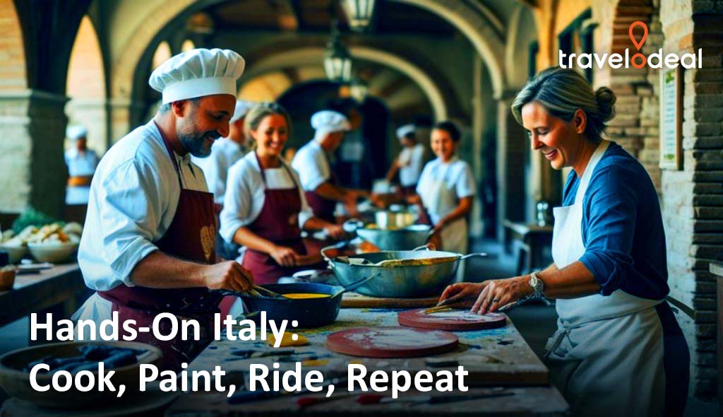 A cooking class in Italy where participants prepare meals, surrounded by ingredients and kitchen tools, embracing hands-on culinary experiences.