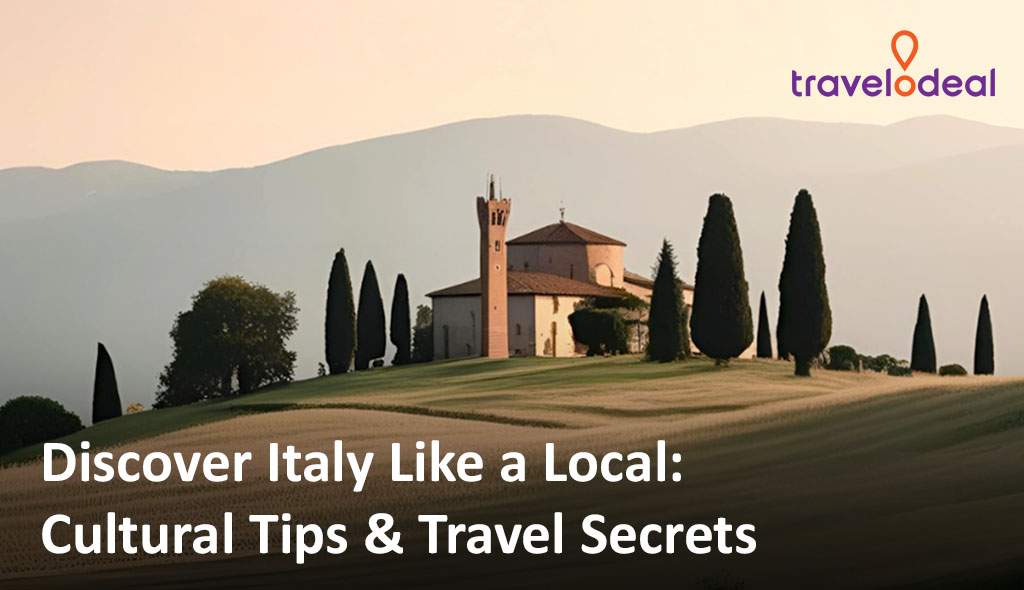 A picturesque Italian villa on a hillside, surrounded by cypress trees and rolling hills, promoting local travel tips.