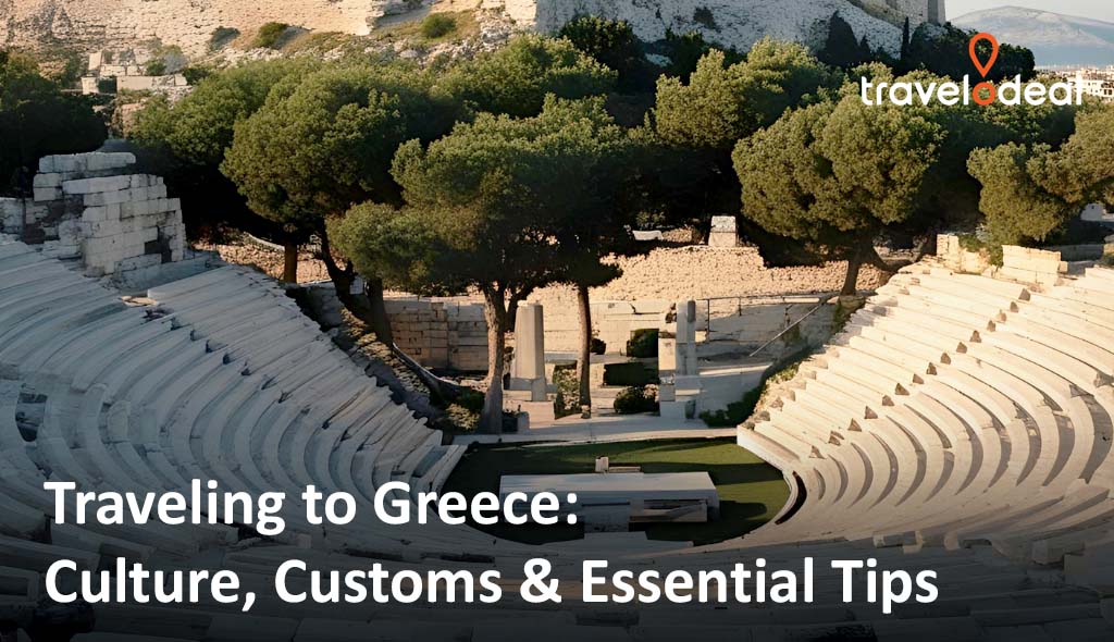 Ancient Greek theater with stone seating surrounded by greenery, highlighting cultural heritage.