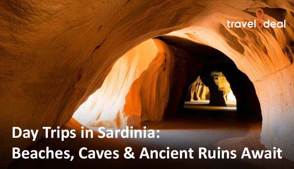 A stunning cave entrance in Sardinia, showcasing natural rock formations and warm lighting, inviting exploration of beaches and ancient ruins.