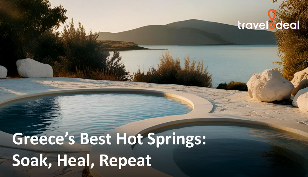 Two serene hot spring pools overlooking a tranquil Greek landscape, showcasing nature's beauty and relaxation.