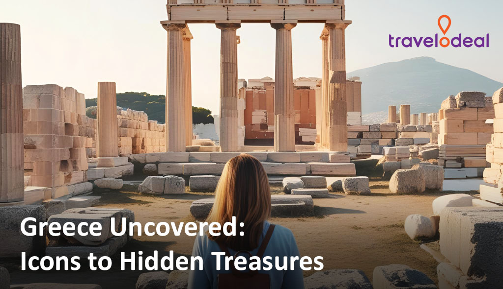 A traveler gazes at ancient ruins in Greece, featuring stone pillars and remnants, embodying the journey of exploring historical treasures.