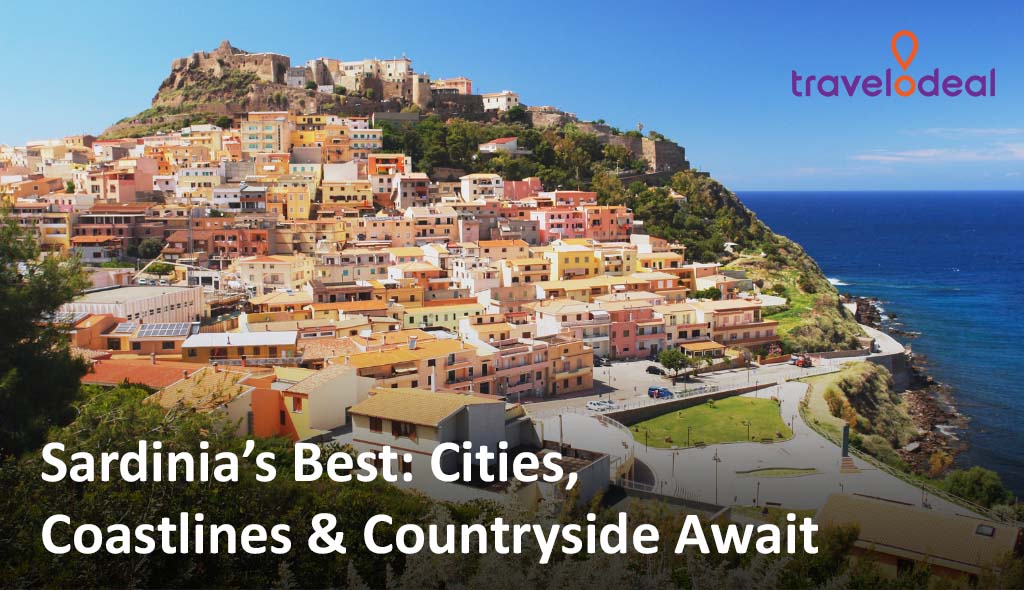 Vibrant coastal town in Sardinia with colorful buildings, lush greenery, and a view of the sea, promoting travel adventures.