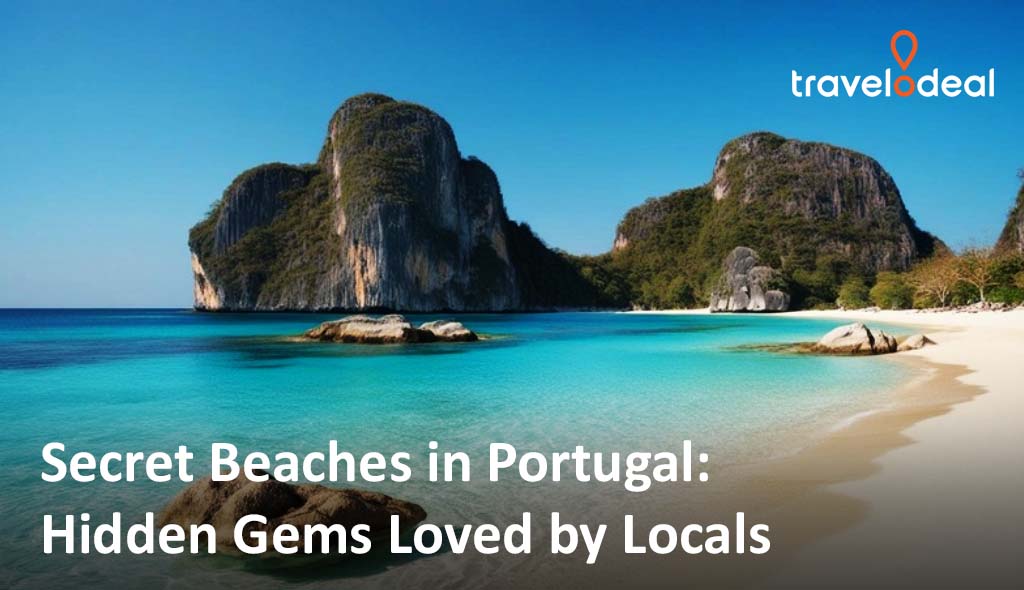 Serene Portuguese beach with turquoise waters and dramatic cliffs, showcasing hidden local gems. Ideal for peaceful getaways.