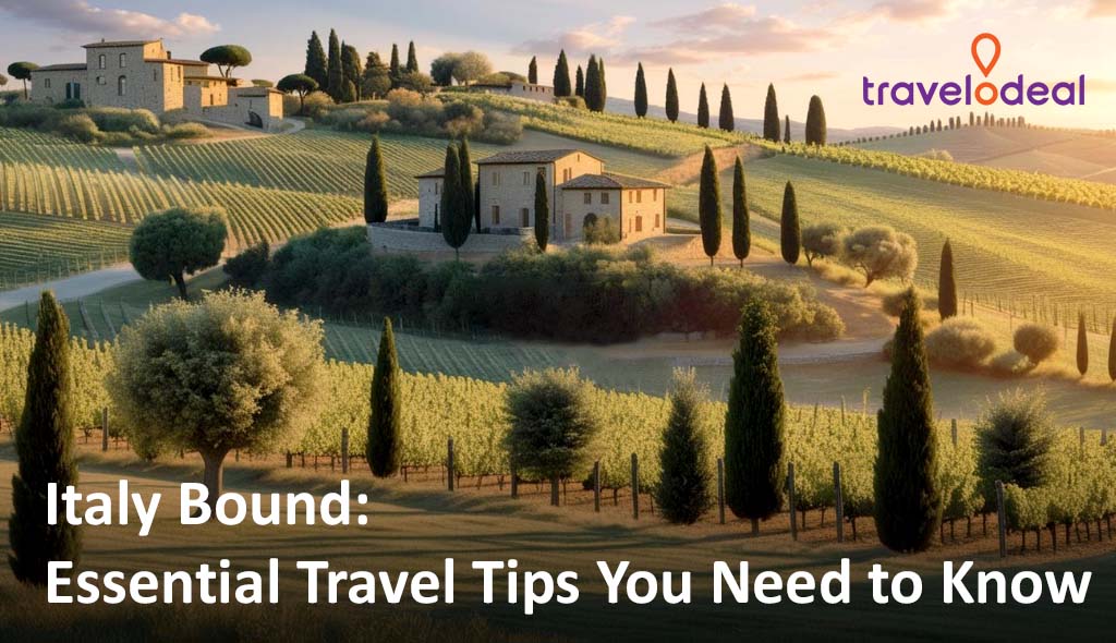 A picturesque Italian landscape with rolling hills, vineyards, and rustic villas, featuring the text "Italy Bound: Essential Travel Tips