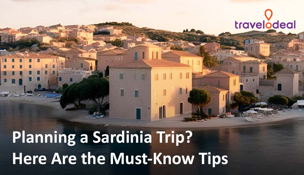 A scenic view of Sardinian coastal buildings at sunset, with text highlighting travel tips for planning a trip to Sardinia.