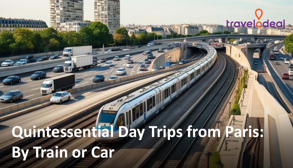 A train travels alongside a busy highway in Paris, showcasing day trip options by train or car amidst urban greenery.