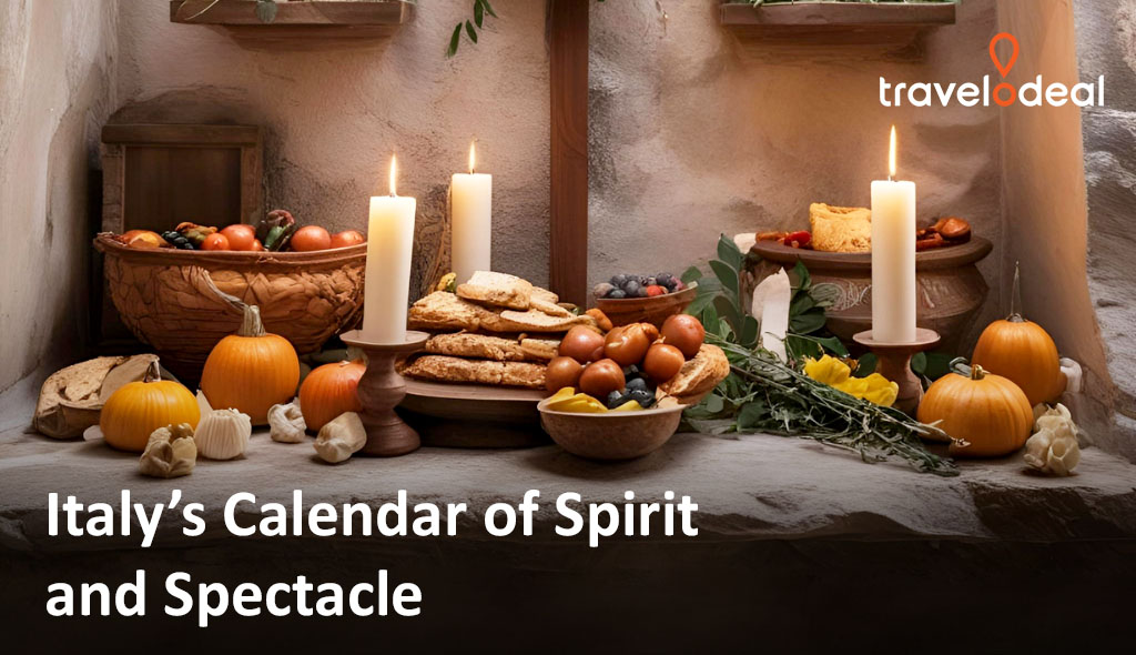 A rustic display of seasonal produce, bread, and candles, celebrating Italy's rich culinary traditions and festive spirit.