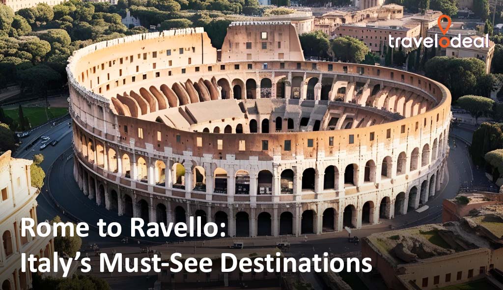 Aerial view of the Colosseum in Rome, highlighting its historic architecture, surrounded by lush greenery and cityscape.