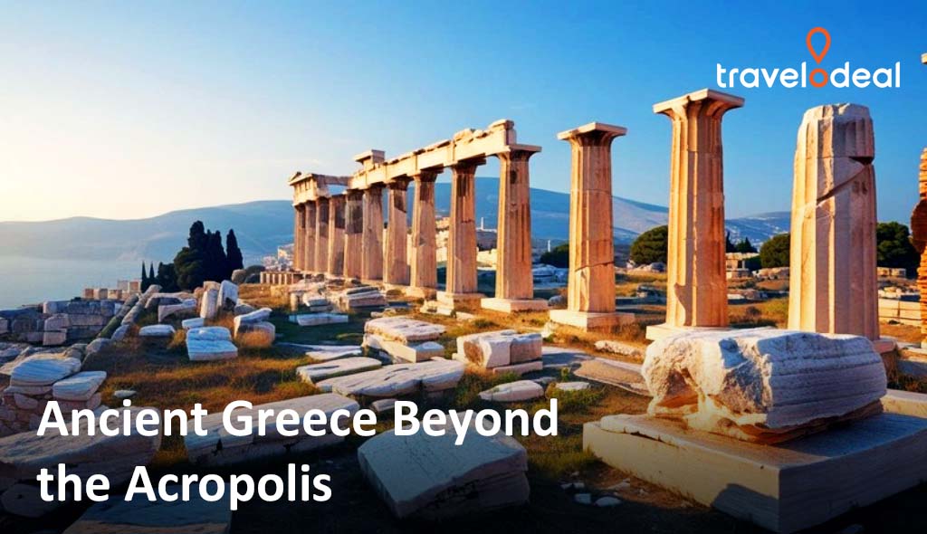 Ancient ruins with tall columns set against a serene blue sky, showcasing Greece's rich historical landscape beyond the Acropolis.