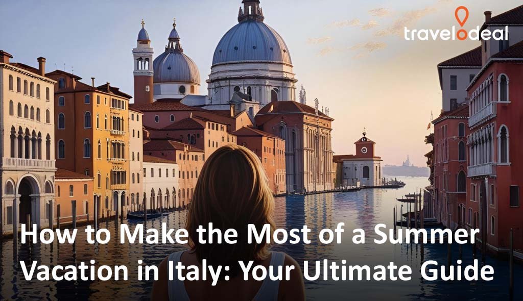 A traveler gazes at Venice's iconic canals and architecture, featuring domes and colorful buildings, with a summer vacation guide overlay.