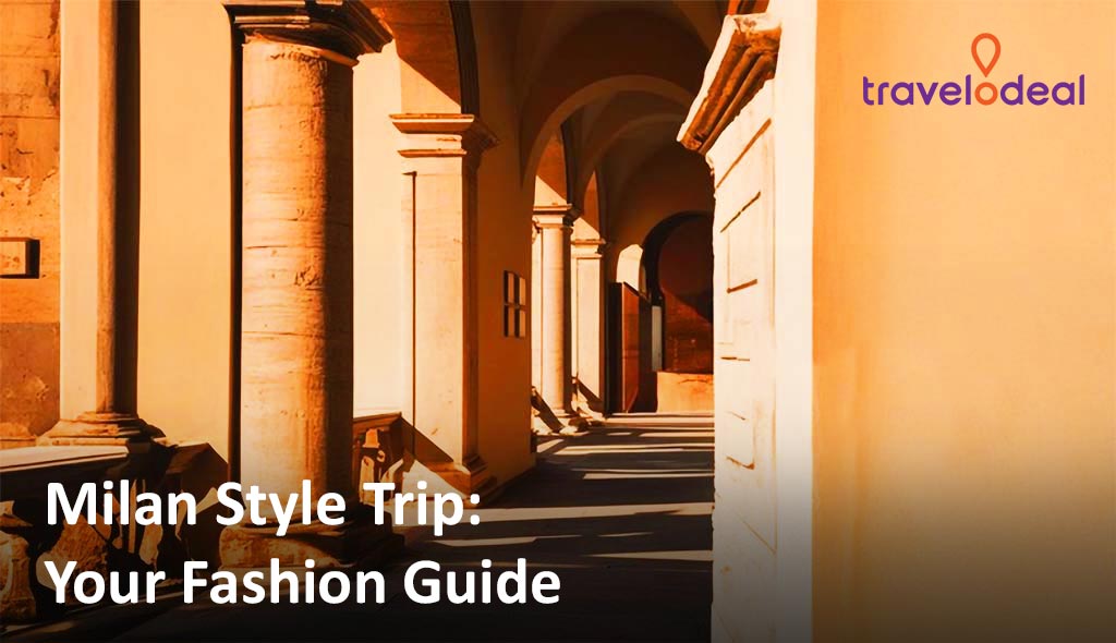 Sunlit architectural corridor in Milan, showcasing elegant columns with text overlay: "Milan Style Trip: Your Fashion Guide."