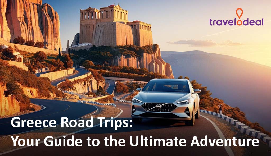 A scenic road in Greece with a car driving past stunning cliffs and a historic building, promoting road trip adventures.
