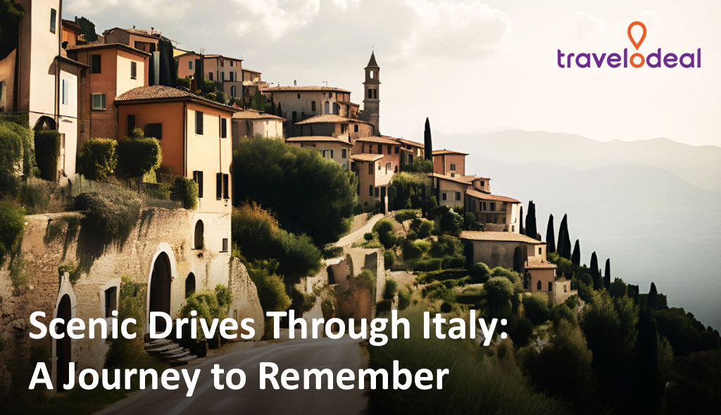A picturesque view of winding roads and quaint hillside villages in Italy, capturing the essence of scenic drives and travel adventure.